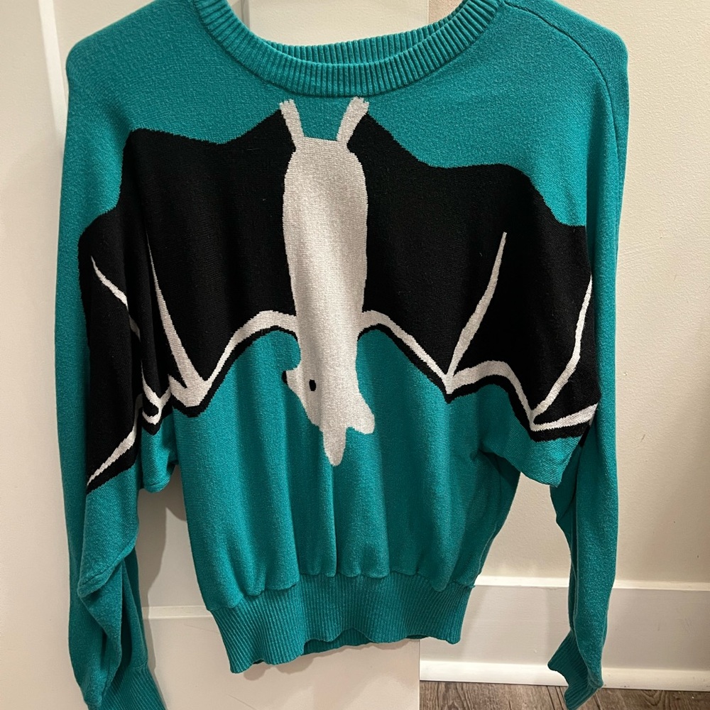 ModCloth Bat turquoise teal sweater, crew neck batwing sleeve